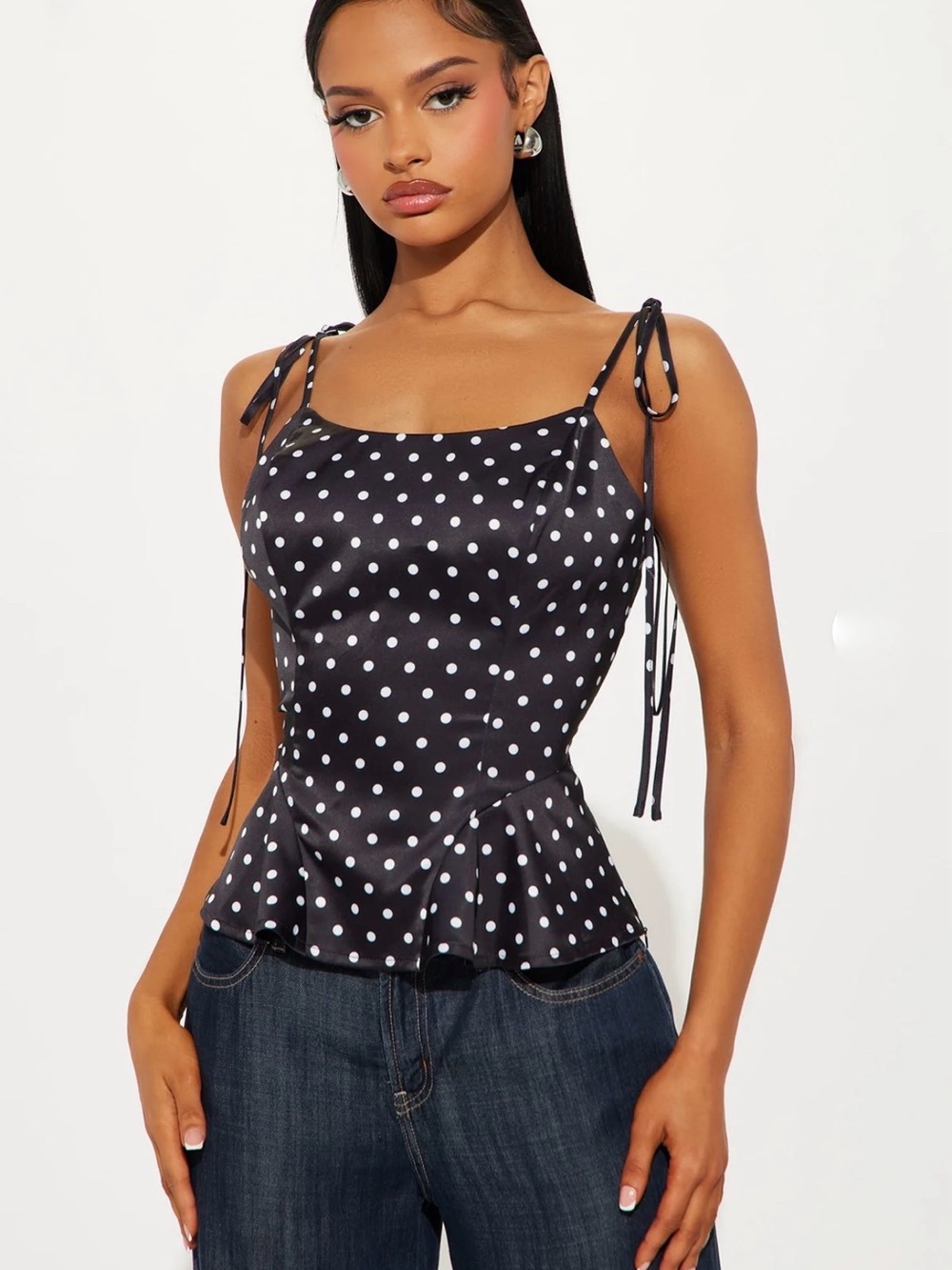 Fashion Nova Black & White Polka Dot Satin Tie-Shoulder Peplum Top